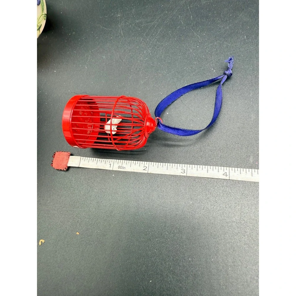 Vintage Red Birdcage Ornament Metal Wire with White Clay Bird 1980s Christmas‎